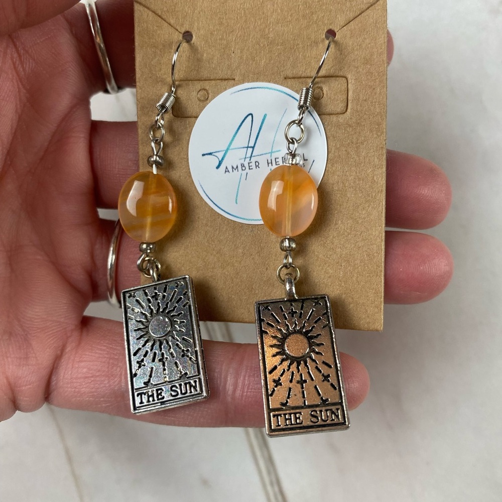'The Sun' Tarot and Carnelian Crystal Bead Dangle Earrings
